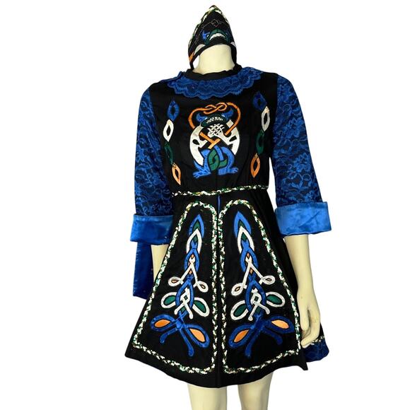 Vintage traditional Irish step dancing dress handmade, black & blue small medium - Picture 3 of 16